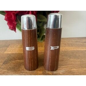 Vintage Mid Century Teak Wood Salt Pepper Shakers Stainless Steel Modern Kitchen